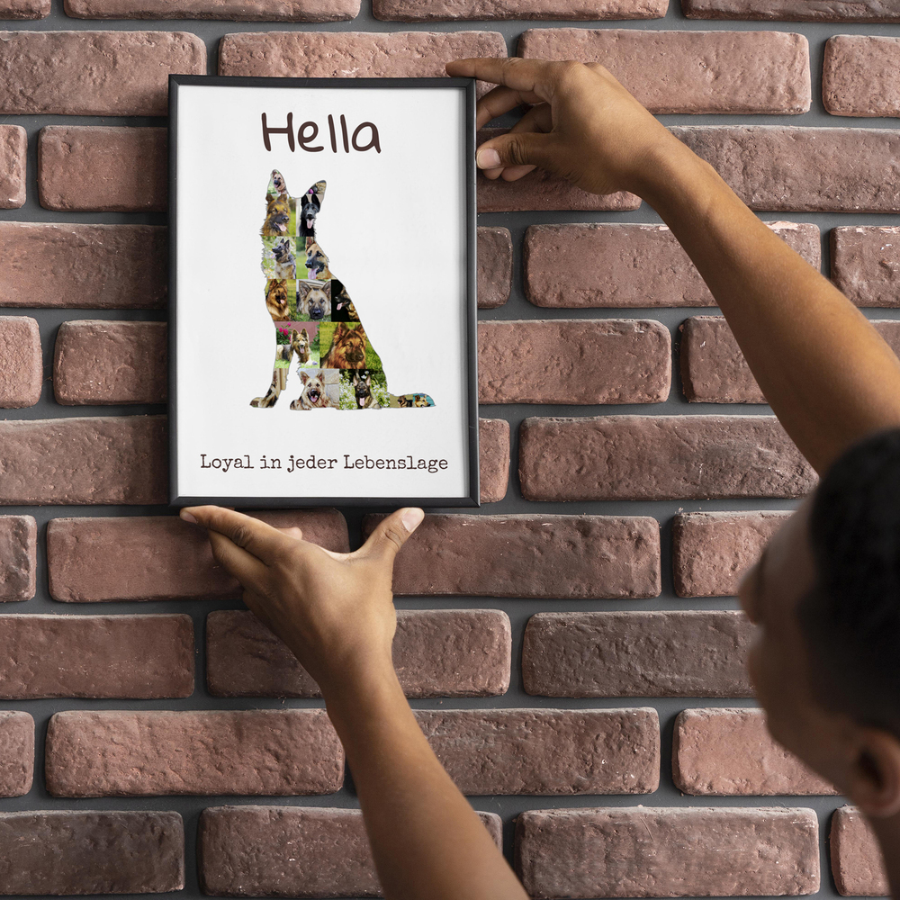 Schäferhund-Silhouette aus Hundefotos mit Namen und Spruch, im schwarzen Rahmen vor einer Backsteinwand