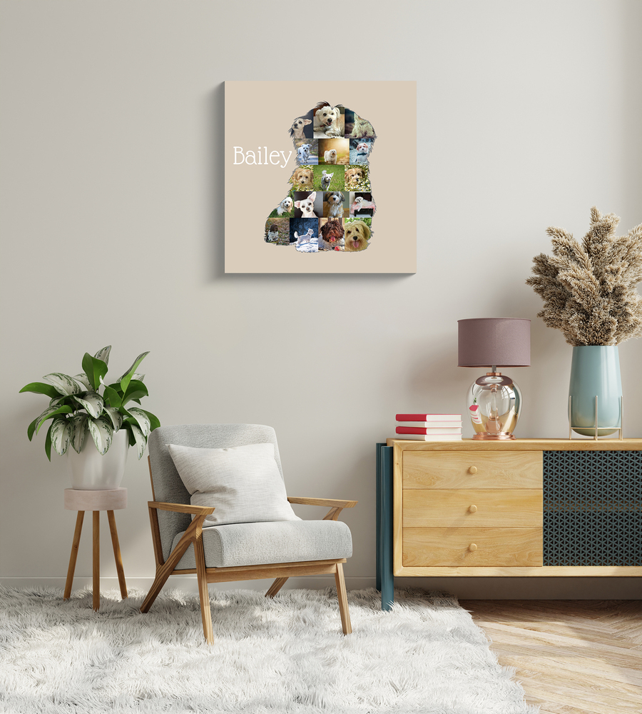 Havaneser-Fotocollage als sitzende Hundesilhouette mit Namen auf beigem Grund, ungerahmt im Wohnzimmer