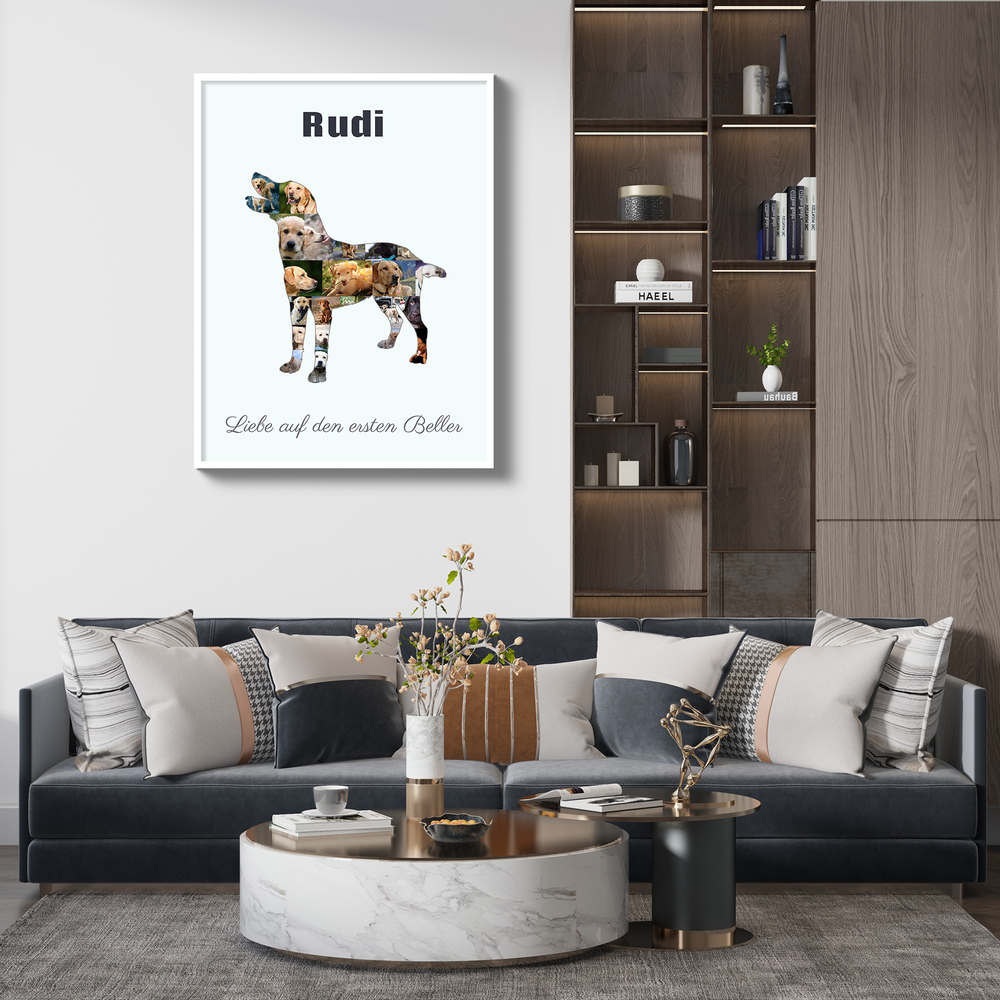 Fotocollage als stehende Labrador-Silhouette mit Namen und Spruch, weiß gerahmt über dem Sofa im Wohnzimmer