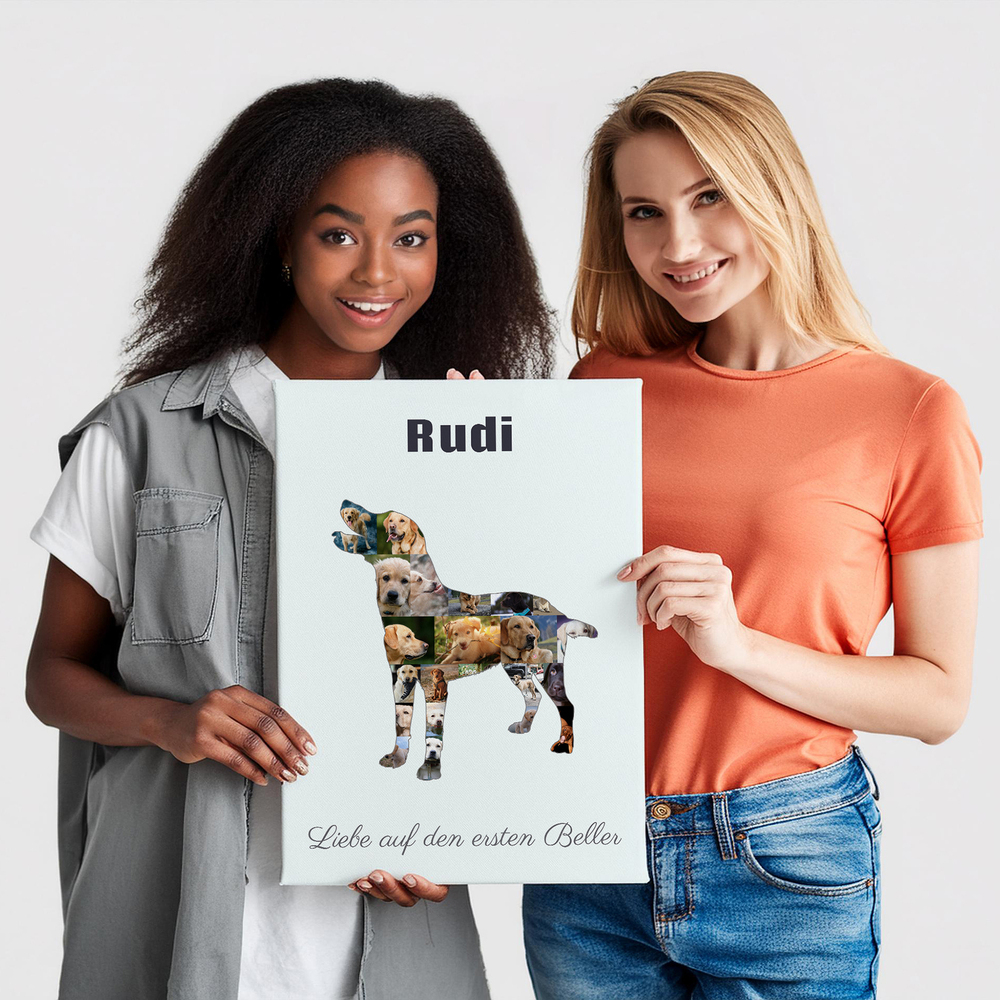 Ungerahmte Labrador-Fotocollage mit Namen und Spruch in stehender Hundesilhouette als Geschenk für Hundefreunde