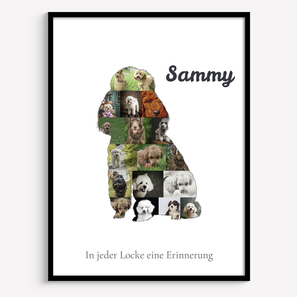 Fotocollage als sitzende Pudel-Silhouette mit Namen und Spruch auf weißem Grund, im schwarzen Rahmen