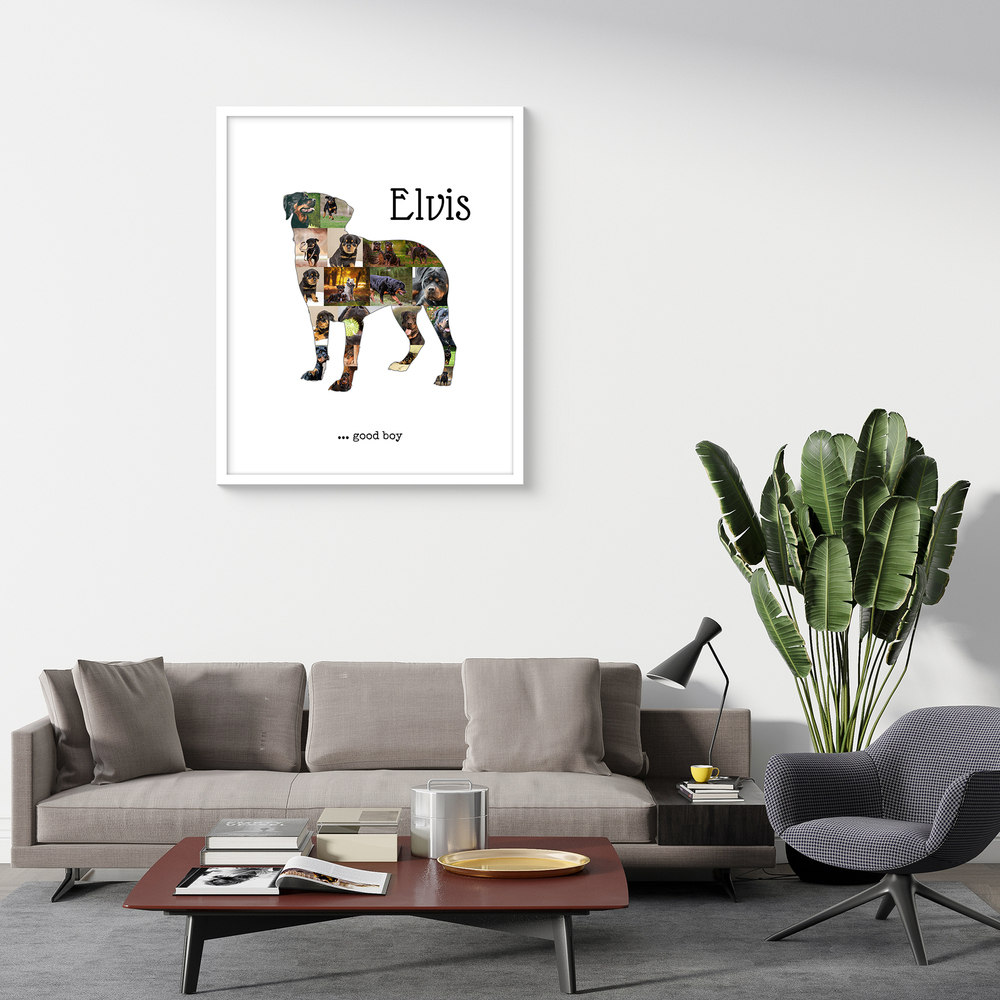 Rottweiler-Silhouette aus Fotos mit Namen im weißen Rahmen über dem grauen Sofa im Wohnzimmer