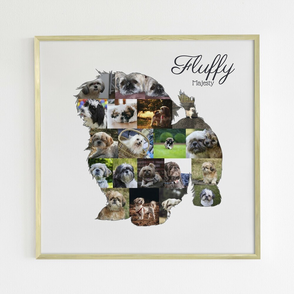 Shih-Tzu-Silhouette aus Hundefotos mit Namen auf hellem Grund, im Naturholzrahmen an der Wand
