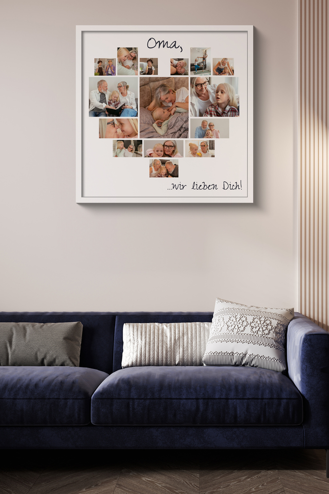 Fotocollage in Herzform mit großem Mittelfoto und Widmung im weißen Rahmen über dunkelblauem Sofa
