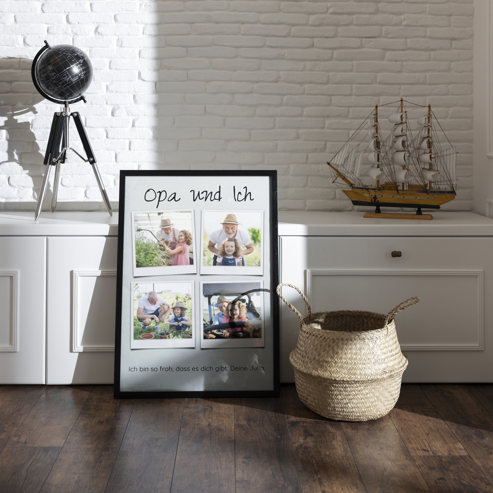 Polaroid-Fotocollage für Opa mit 4 Fotos im schwarzen Rahmen, vor einer weißen Kommode neben einem Flechtkorb