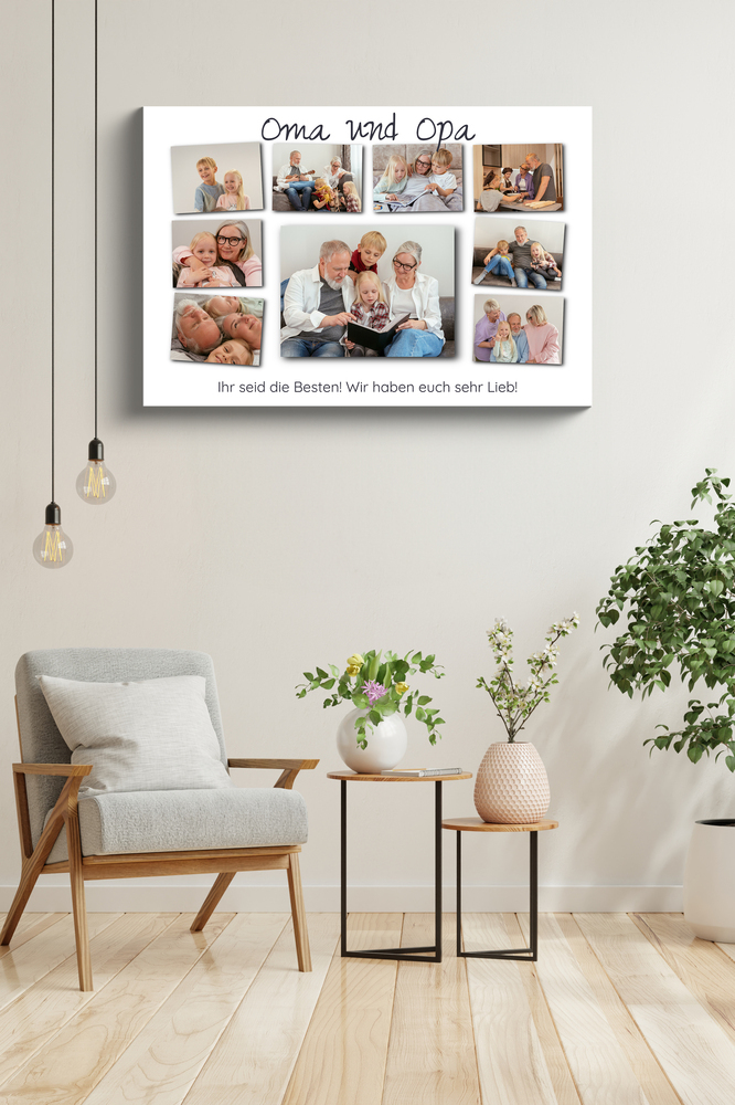 Fotocollage mit 9 Großeltern- und Enkelfotos als liebevolles Geschenk für Oma und Opa an der Wand neben einem Sessel