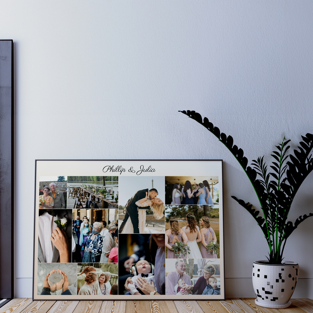 Gerahmte Hochzeitscollage mit Namen als Geschenk fürs Brautpaar, am Boden neben einer Zimmerpflanze