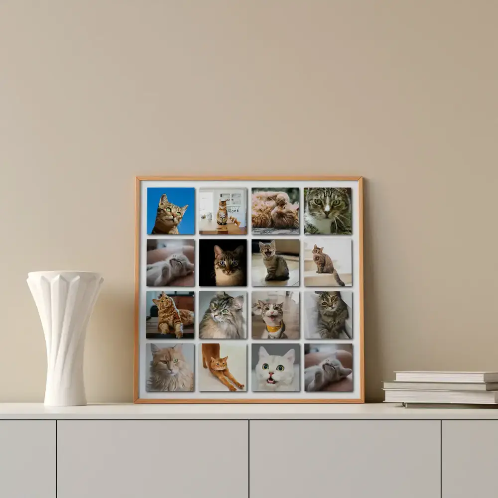 Collage mit 16 Katzenfotos im Holzrahmen auf weißem Sideboard neben Vase und Büchern, Geschenk für Katzenfreunde