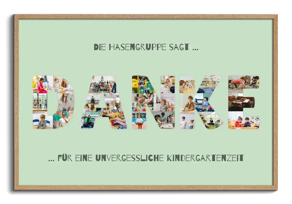 Mintgrüne Buchstabencollage aus Kinderfotos im Holzrahmen als Abschiedsgeschenk für die Erzieherin