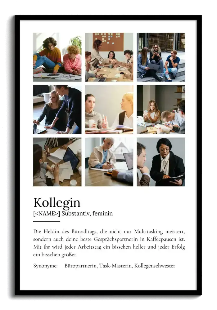 Schwarz gerahmtes Definitionsposter für eine Kollegin mit neun Teamfotos im Raster und Text im Wörterbuch-Stil