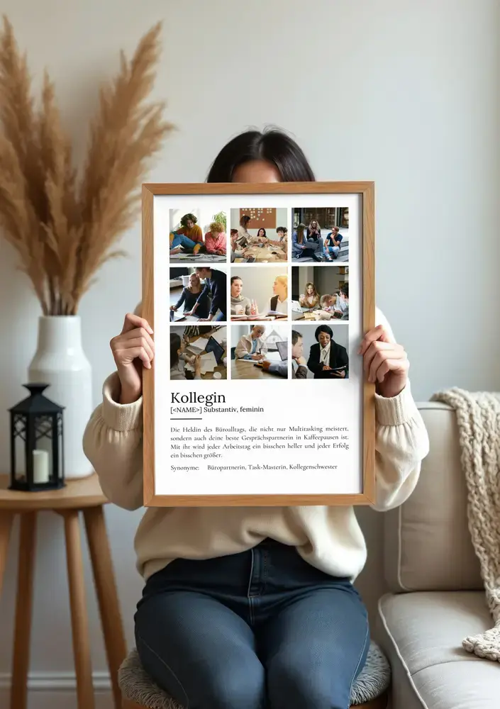 Definitionsposter mit neun Bürofotos im Holzrahmen vor einem Sofa als Geschenk zum Ruhestand einer Kollegin