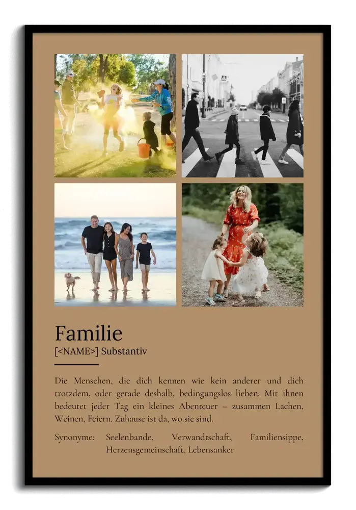 Beiges Definitionsposter mit vier Fotos im schwarzen Rahmen als persönliches Geschenk für die Familie