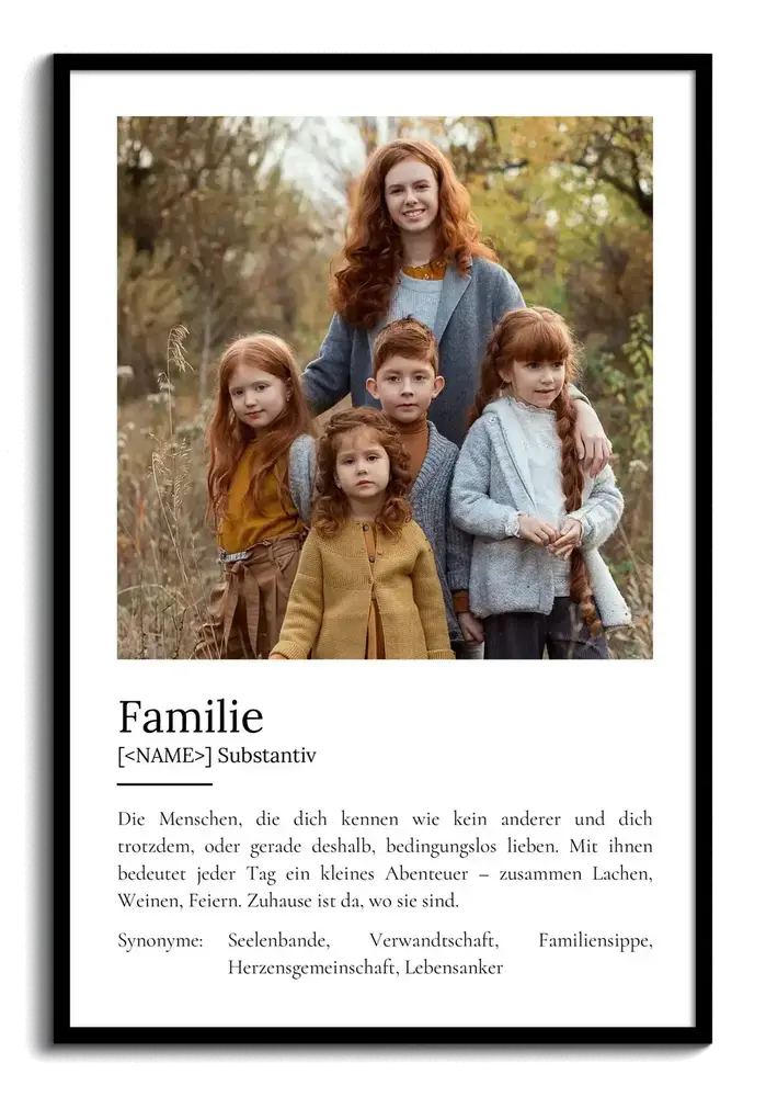 Familien-Definitionsposter mit großem Porträt im schwarzen Rahmen, eine Geschenkidee für die ganze Familie