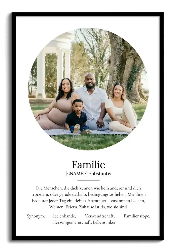 Definitionsposter mit rundem Familienfoto im schwarzen Rahmen als individuelles Familiengeschenk