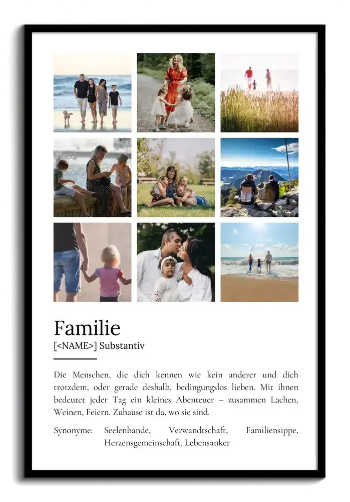 Fotoposter im Wörterbuch-Stil mit neun Familienfotos im schwarzen Rahmen, ein Geschenk für die Liebsten