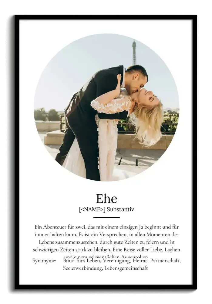 Definitionsposter zur Ehe mit rundem Hochzeitsfoto im schwarzen Rahmen als persönliches Hochzeitsgeschenk