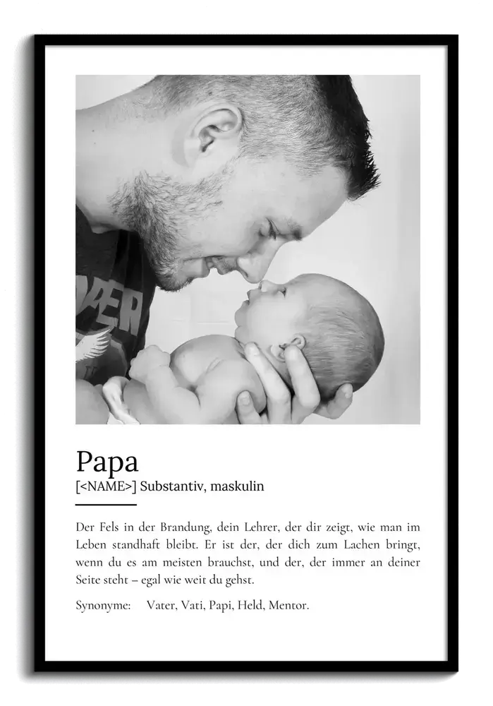 Definitionsposter mit Schwarz-Weiß-Foto von Vater und Baby im schwarzen Rahmen als persönliches Geschenk für Papa
