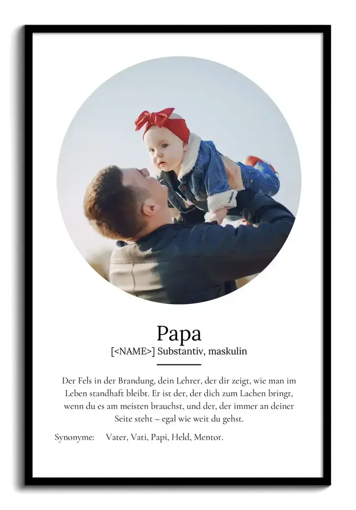 Definitionsposter für Papa mit rundem Vater-Kind-Foto und Text auf weißem Grund, in schwarzem Rahmen