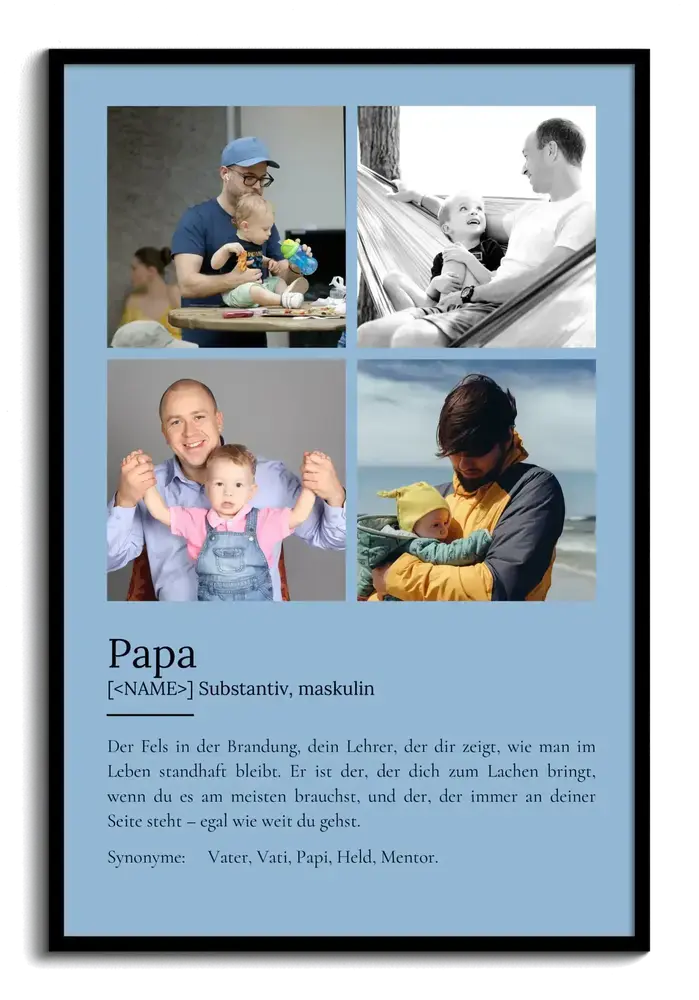 Hellblaues Definitionsposter mit vier Familienfotos im schwarzen Rahmen als Fotogeschenk zum Vatertag