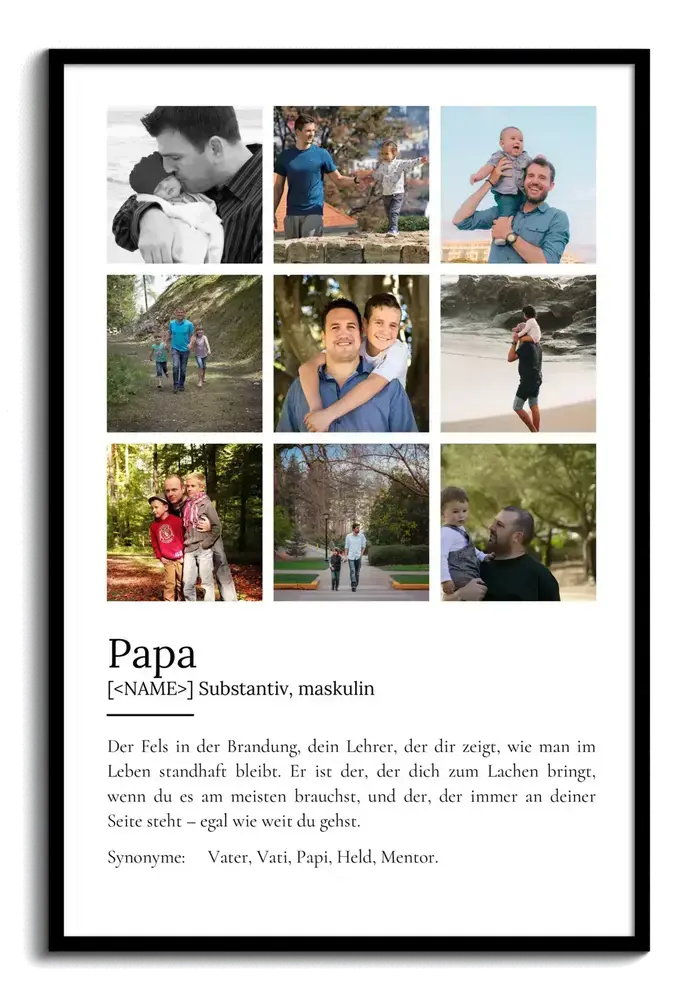 Definitionsposter für Papa mit neun Familienfotos im Raster und Text darunter, weiß gestaltet im schwarzen Rahmen