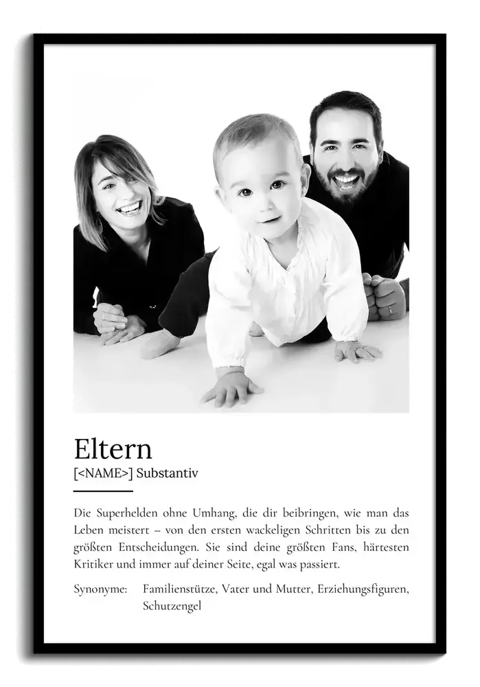 Eltern-Definitionsposter mit großem Schwarz-Weiß-Familienfoto und Wörterbuchtext im schwarzen Rahmen