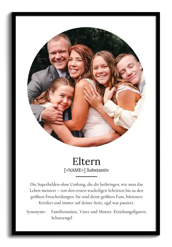 Hochformatiges Eltern-Definitionsposter mit rundem Familienfoto auf weißem Hintergrund im schwarzen Rahmen