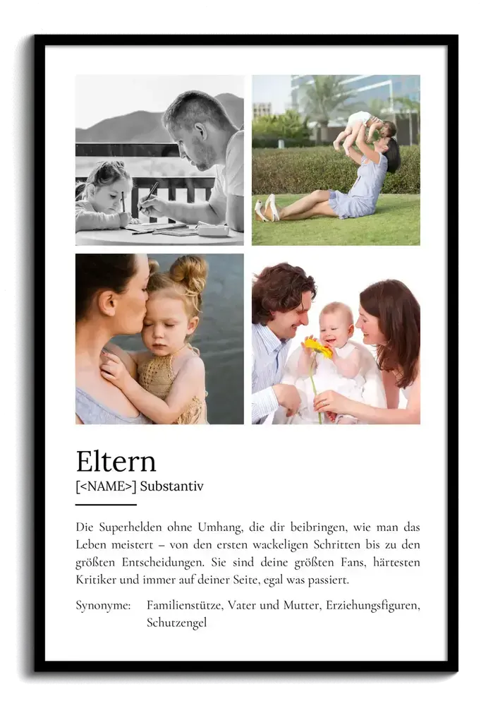 Eltern-Definitionsposter im schwarzen Rahmen mit vier Familienfotos im Raster und Definition darunter