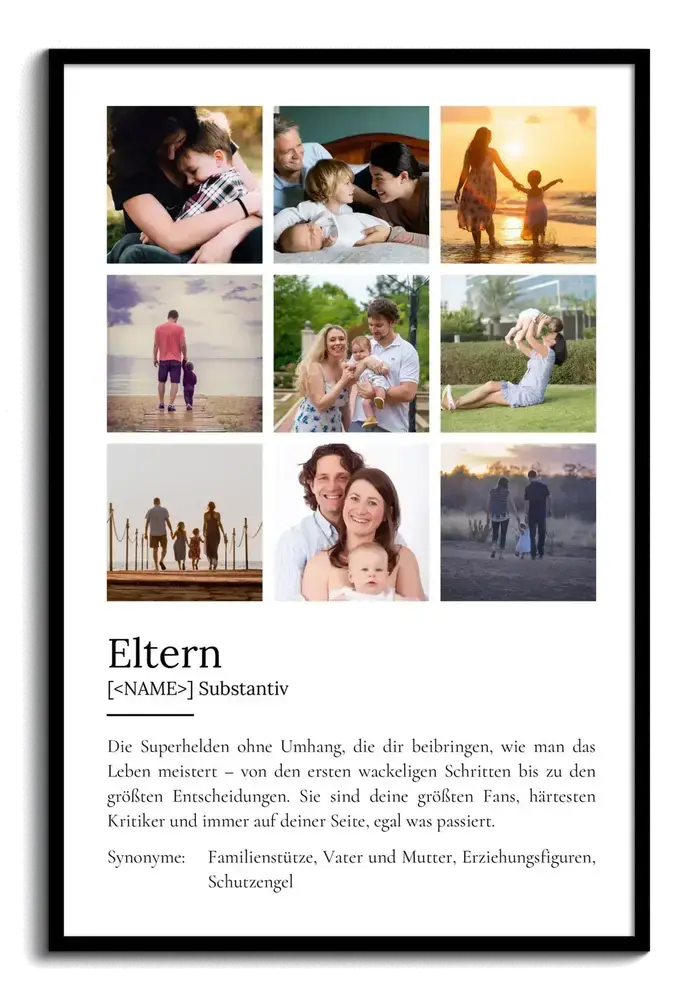 Eltern-Definitionsposter mit neun Familienfotos als Rastercollage über einem Wörterbuchtext, schwarz gerahmt