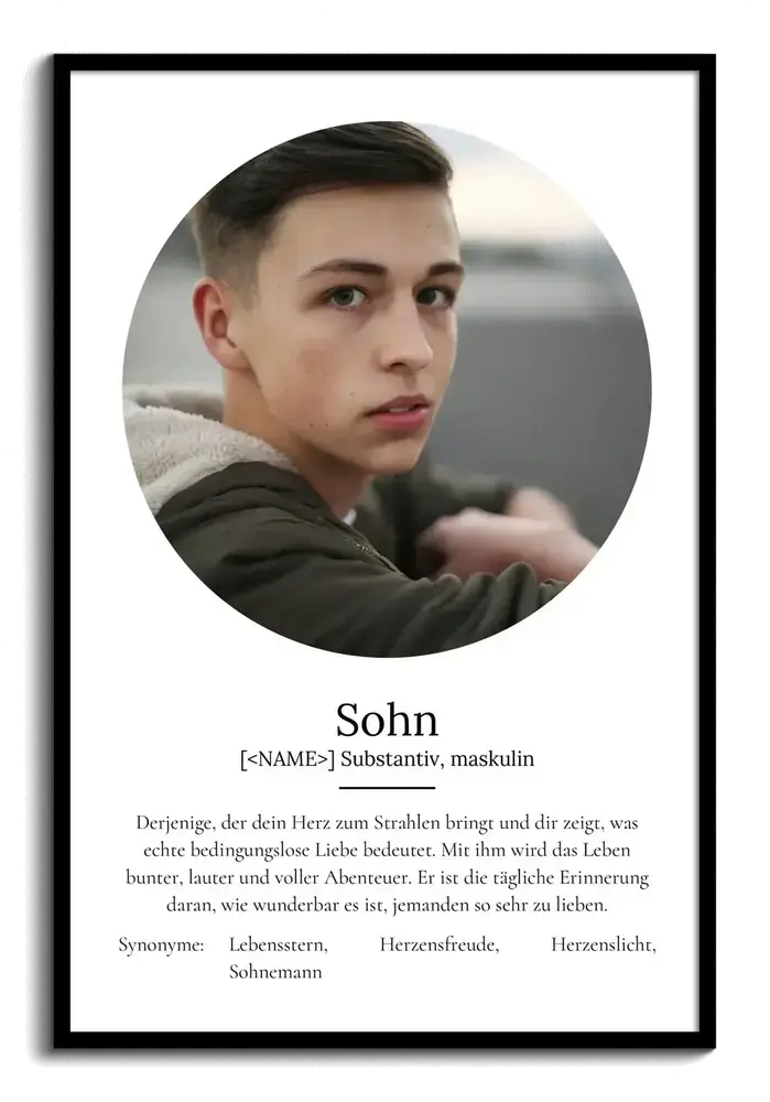 Definitionsposter für den Sohn mit rundem Porträt und Text auf weißem Hintergrund im schwarzen Rahmen