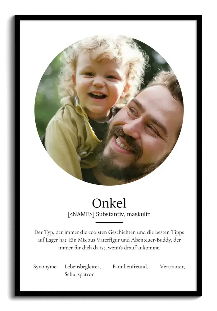 Personalisierbares Definitionsposter für den Onkel mit rundem Foto und Wörterbuch-Text im schwarzen Rahmen