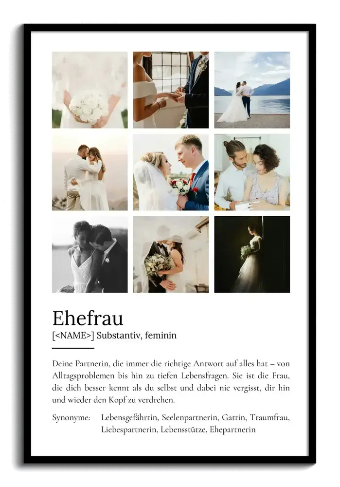 Definitionsposter für die Ehefrau mit neun Hochzeitsfotos und Wörterbuchtext auf weißem Grund im schwarzen Rahmen