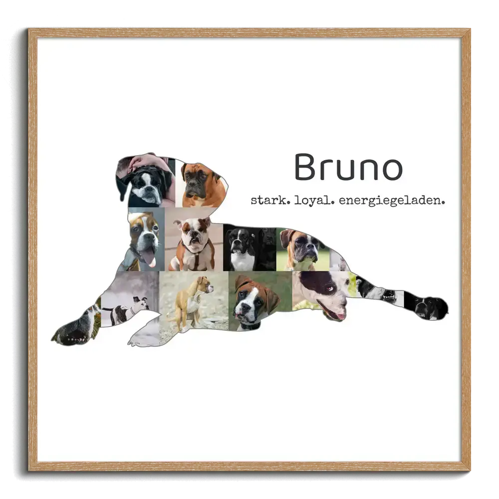 Fotocollage als liegende Boxer-Silhouette mit Namen und Spruch auf Weiß, im Naturholzrahmen