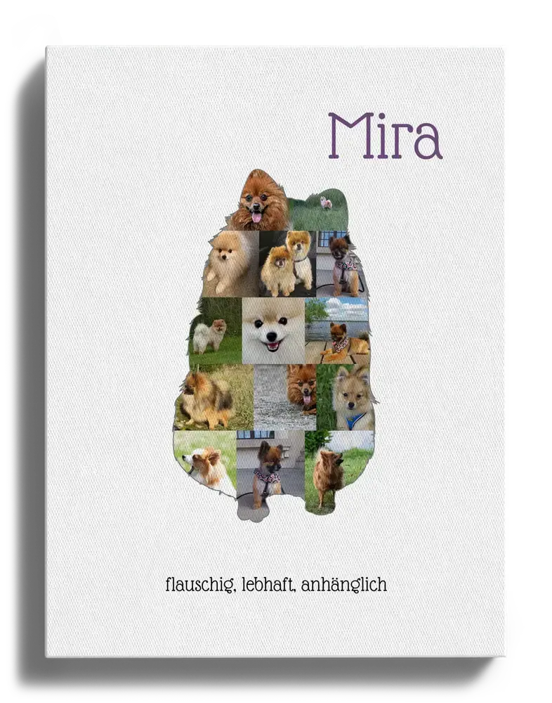 Hochformatige Leinwand mit sitzender Zwergspitz-Silhouette aus Hundefotos, Namen und Spruch auf weißem Grund