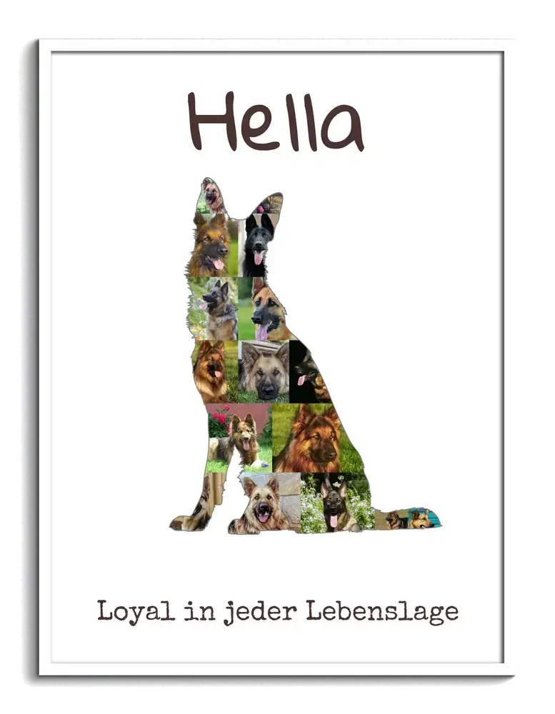 Fotocollage als sitzende Schäferhund-Silhouette mit Namen und Spruch, im weißen Rahmen auf weißem Hintergrund