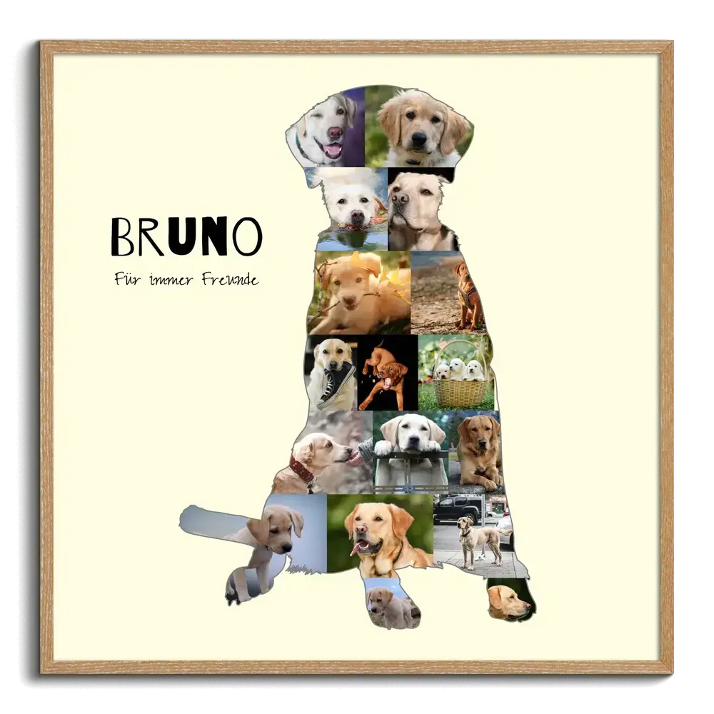 Fotocollage in sitzender Labrador-Silhouette mit Namen und persönlichem Text auf cremefarbenem Grund im Naturholzrahmen