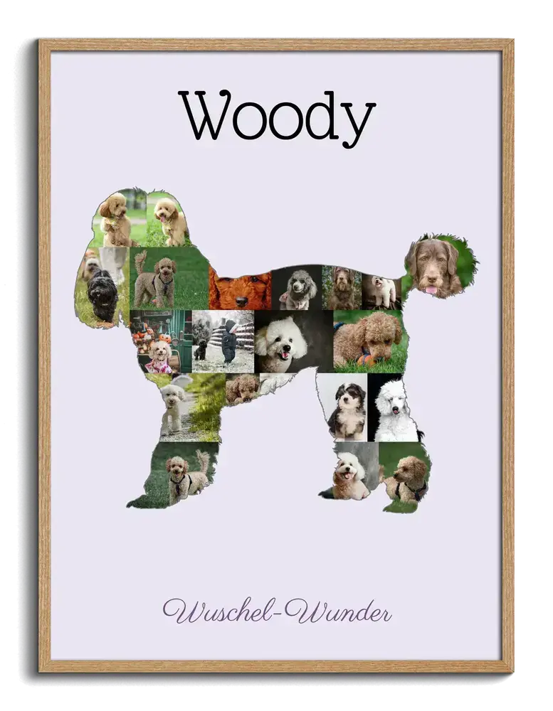 Fotocollage als stehender Pudel auf Flieder mit Namen und Spruch im Naturholzrahmen, Geschenk für Hundefreunde