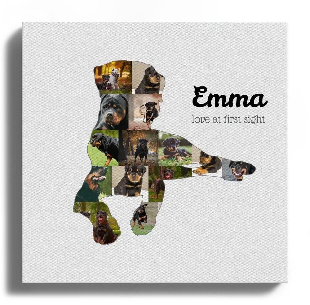 Quadratische Fotocollage auf Leinwand mit liegender Rottweiler-Silhouette und Namen, für Hundeliebhaber