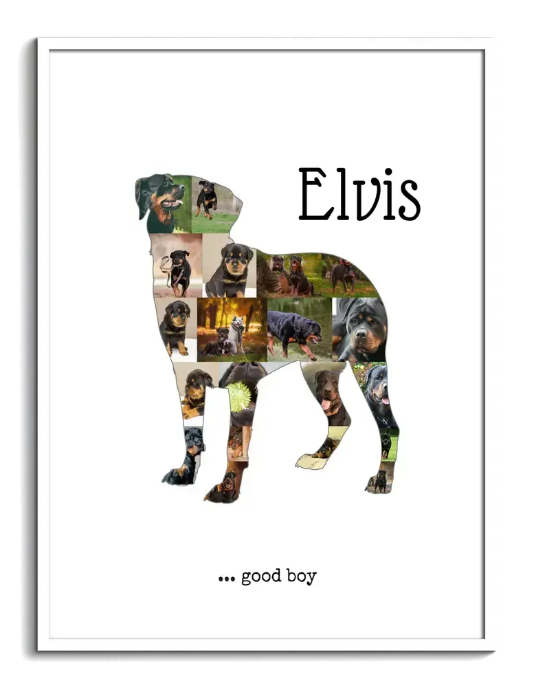 Hochformatige Fotocollage als stehende Rottweiler-Silhouette mit Namen und Spruch im weißen Rahmen