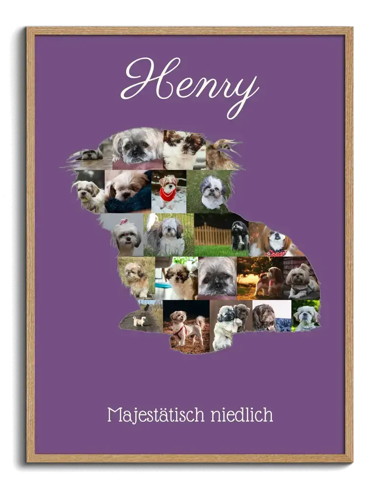 Shih-Tzu-Fotocollage als Hundesilhouette auf lila Grund, mit Namen und Spruch im naturfarbenen Holzrahmen