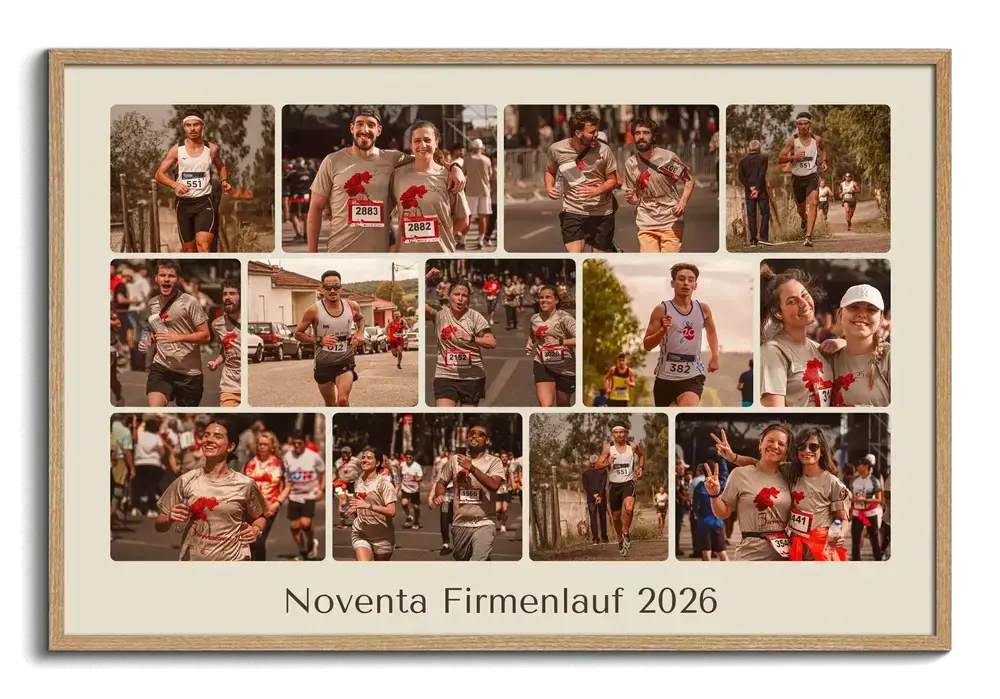 Firmenlauf-Fotocollage im Naturholzrahmen mit Teamfotos und individuellem Text als Geschenk fürs Team