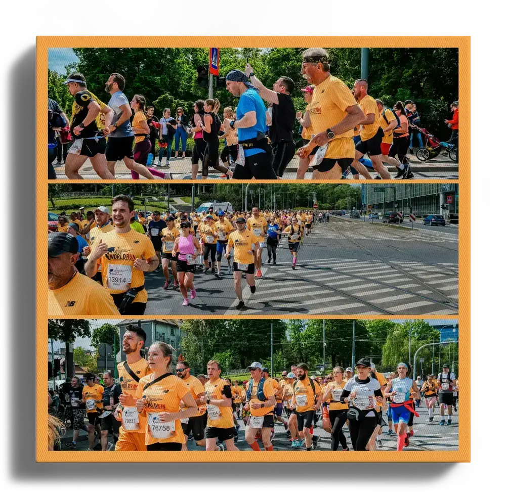 Firmenlauf-Fotocollage auf Leinwand mit drei Panoramafotos und orangem Rand als Geschenk fürs Team