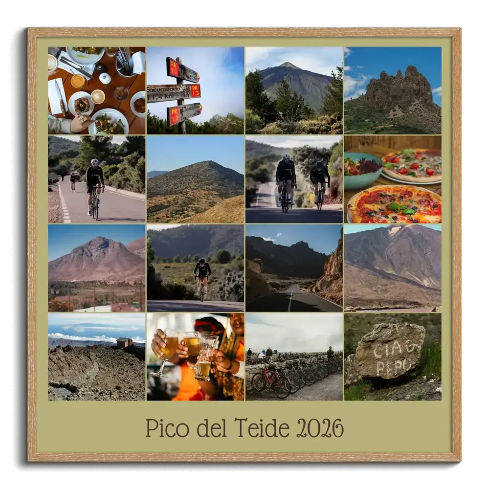 Rennrad-Fotocollage im Holzrahmen mit 16 Tourfotos im Raster, Bergen, Pausen und einer Textzeile mit Jahreszahl