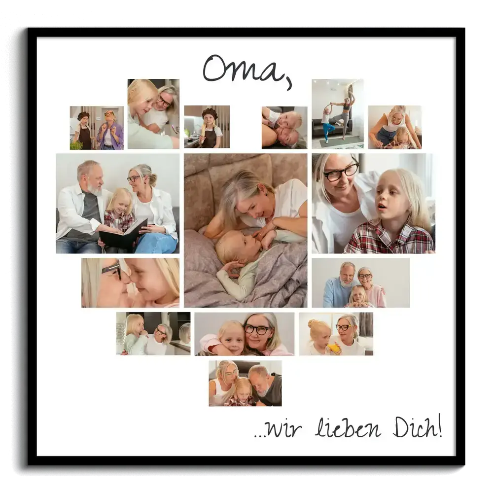 Herz-Fotocollage für Oma mit großem Foto in der Mitte und persönlichem Text, weiß hinterlegt im schwarzen Rahmen