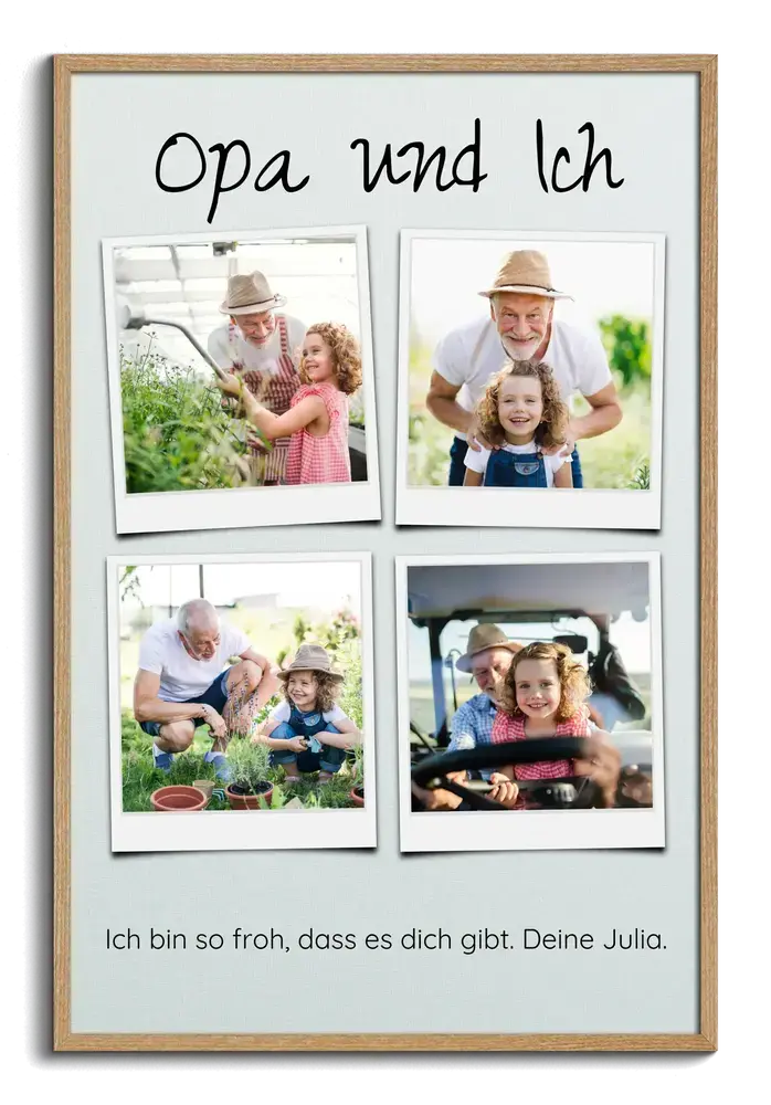 Persönliches Geschenk für Opa: Fotocollage mit 4 Polaroid-Fotos und Widmung im Naturholzrahmen