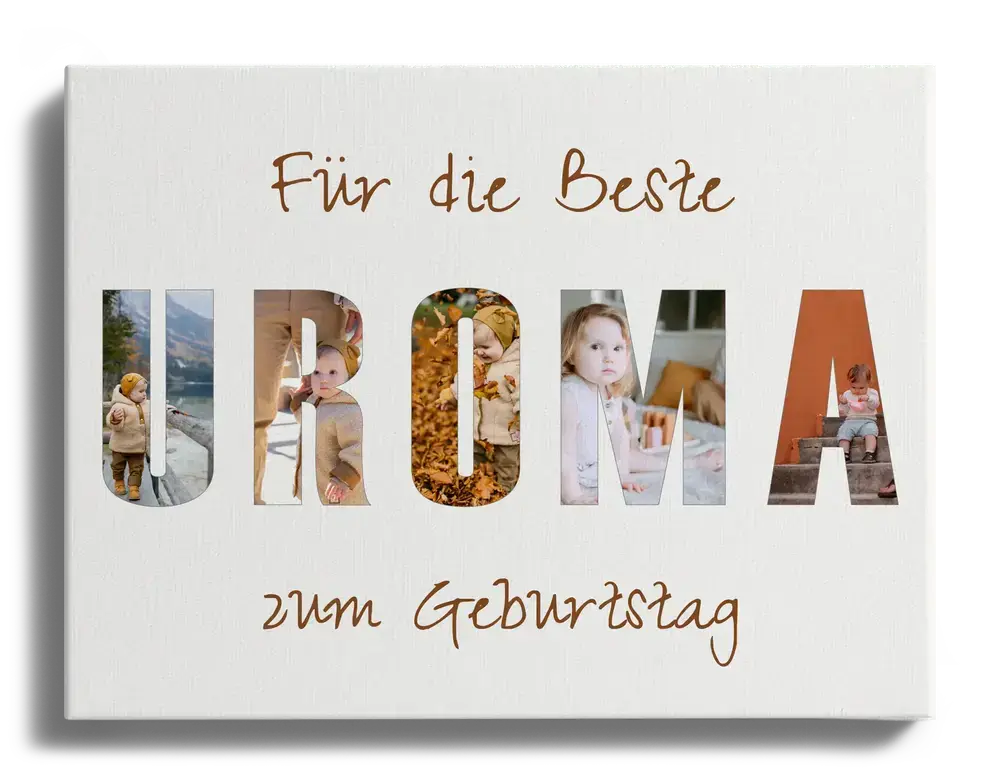 Buchstabencollage mit Kinderfotos auf heller Leinwand als persönliches Geburtstagsgeschenk für Uroma