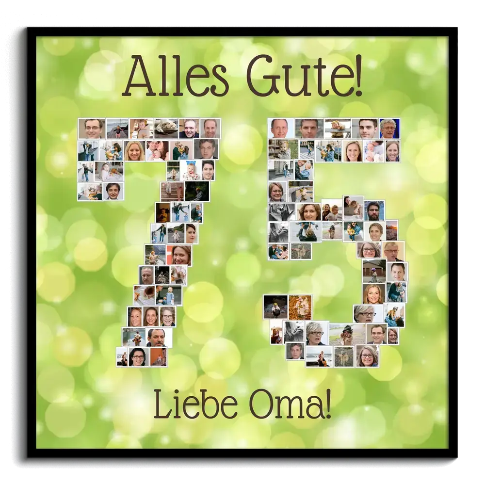 Fotocollage als Zahl 75 auf grünem Hintergrund im schwarzen Rahmen, als persönliches Geburtstagsgeschenk für Oma