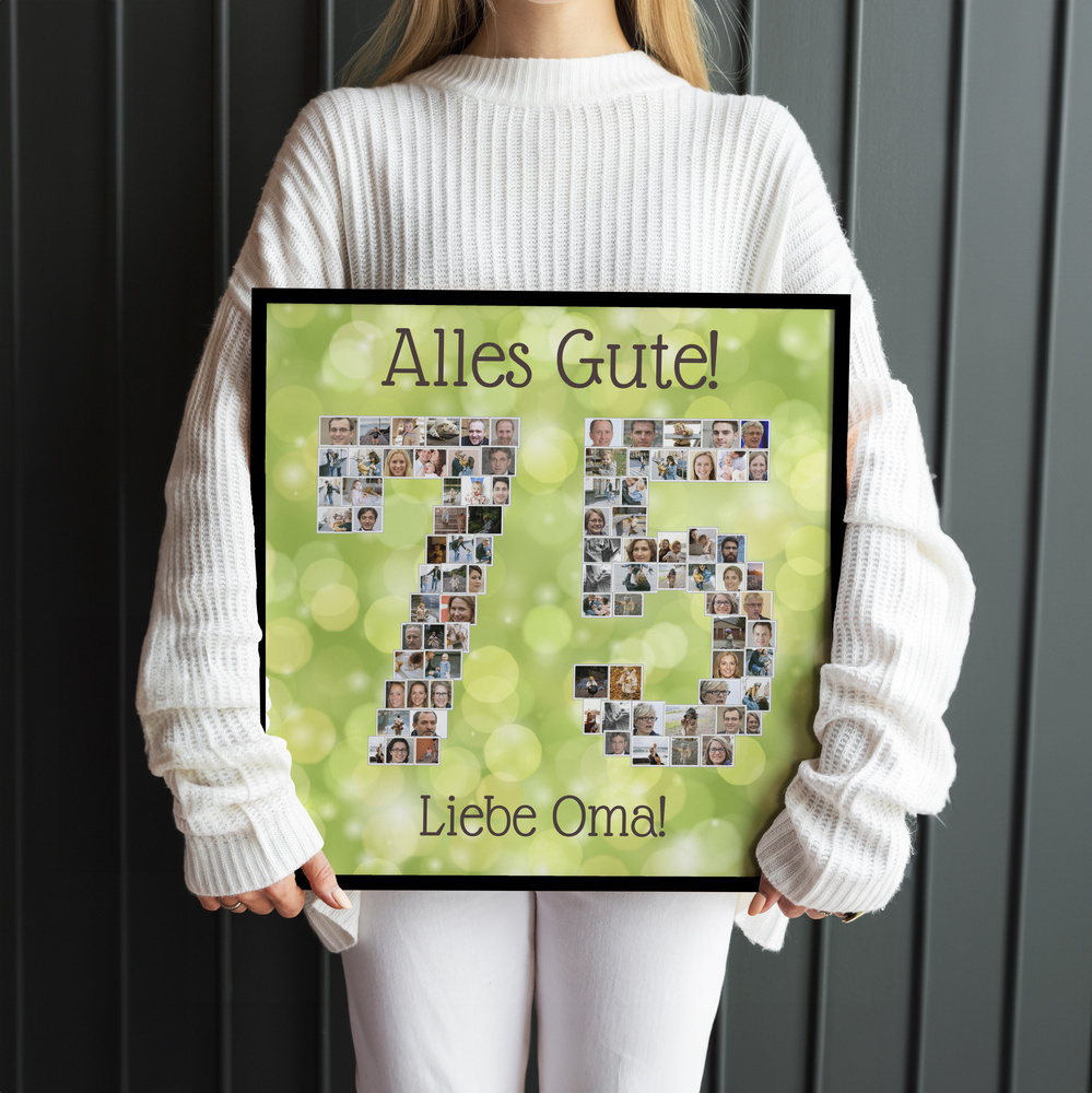 Schwarz gerahmte Fotocollage in Form der Zahl 75 mit grünem Hintergrund und Geburtstagsgruß, vor dunkler Wand präsentiert