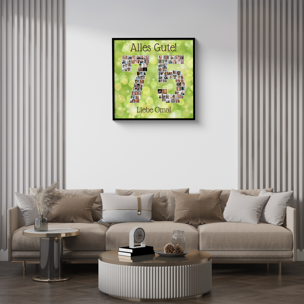 Fotocollage Zahl 75 im schwarzen Rahmen über dem Sofa im Wohnzimmer, als Geschenkidee zu Omas 75. Geburtstag