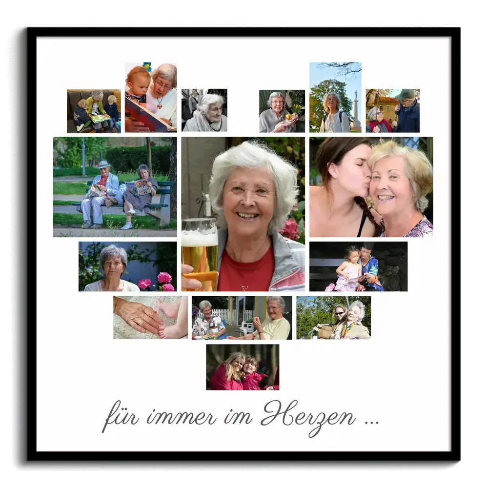 Poster mit Herz-Fotocollage aus Familienfotos, großem Oma-Porträt und Gedenkspruch im schwarzen Rahmen