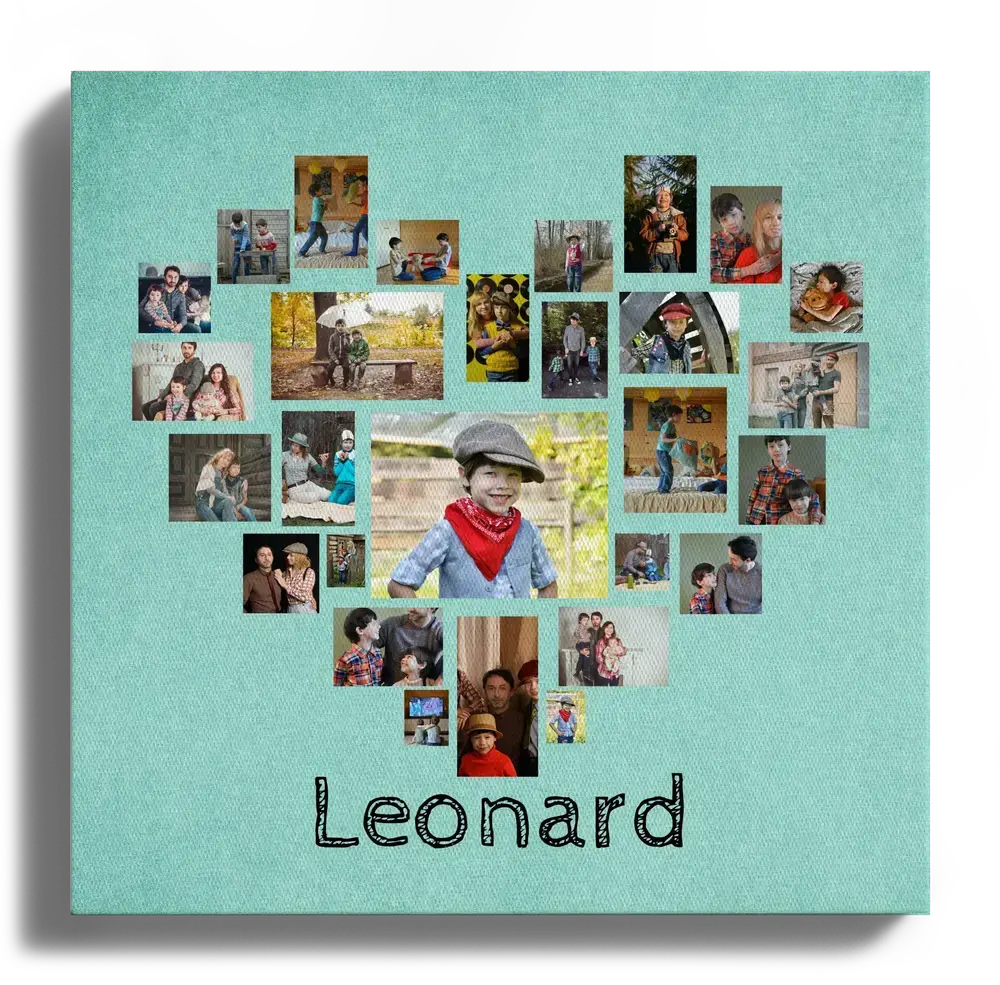 Fotocollage auf Leinwand mit Kinderfotos in Herzform, türkisfarbenem Hintergrund und individuellem Namen